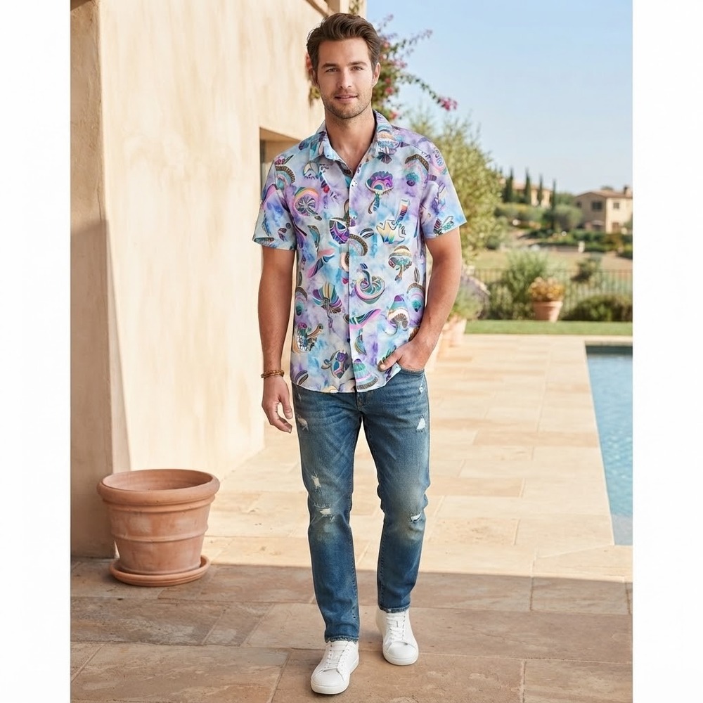 Fresh Prints of Bel-Air Shirt Medium Blue Mushroom Tie Dye Psychedelic Button Up